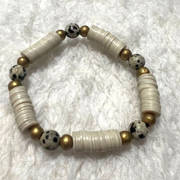 Lot of 2 White Clay Beads Gold & Copper Tone Spacers Boho Elastic Bracelets - Picture 4 of 5